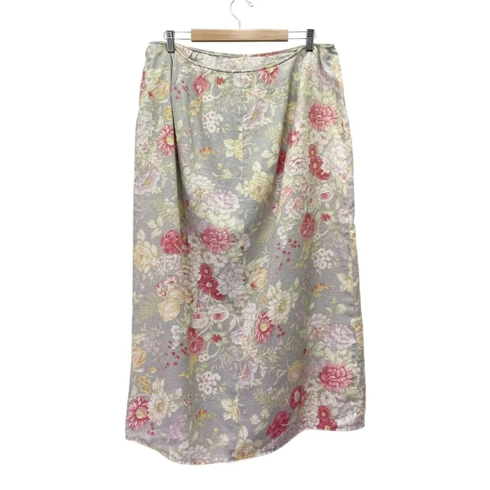 Vintage Lauren Ralph Lauren Floral Linen Wrap Skirt Gray Pink Yellow Sz 18W Midi